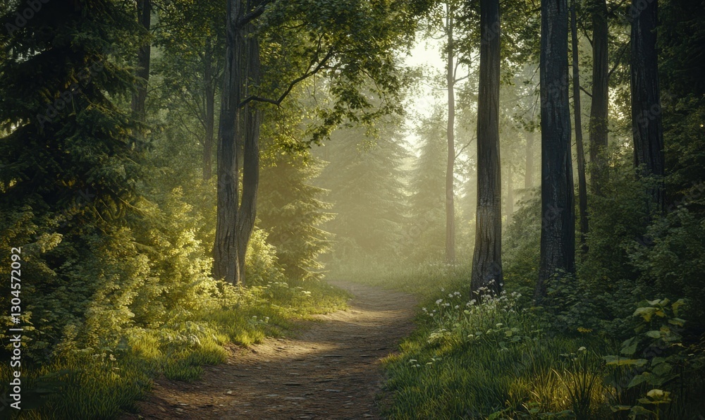 Naklejka premium Serene forest pathway illuminated by dappled sunlight streaming through tall trees, creating a tranquil and inviting natural scene