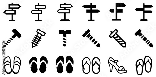 "Signpost, Screw, and Sandals Icon Set – Direction, Repair, and Comfort Vector Symbols"