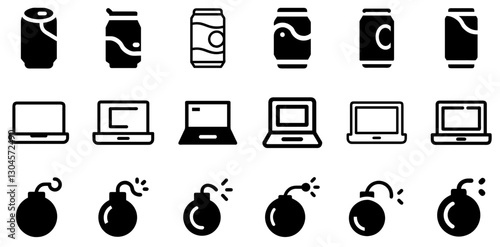"Soda Can, Laptop, and Bomb Icon Set – Refreshment, Technology, and Impact Vector Symbols"