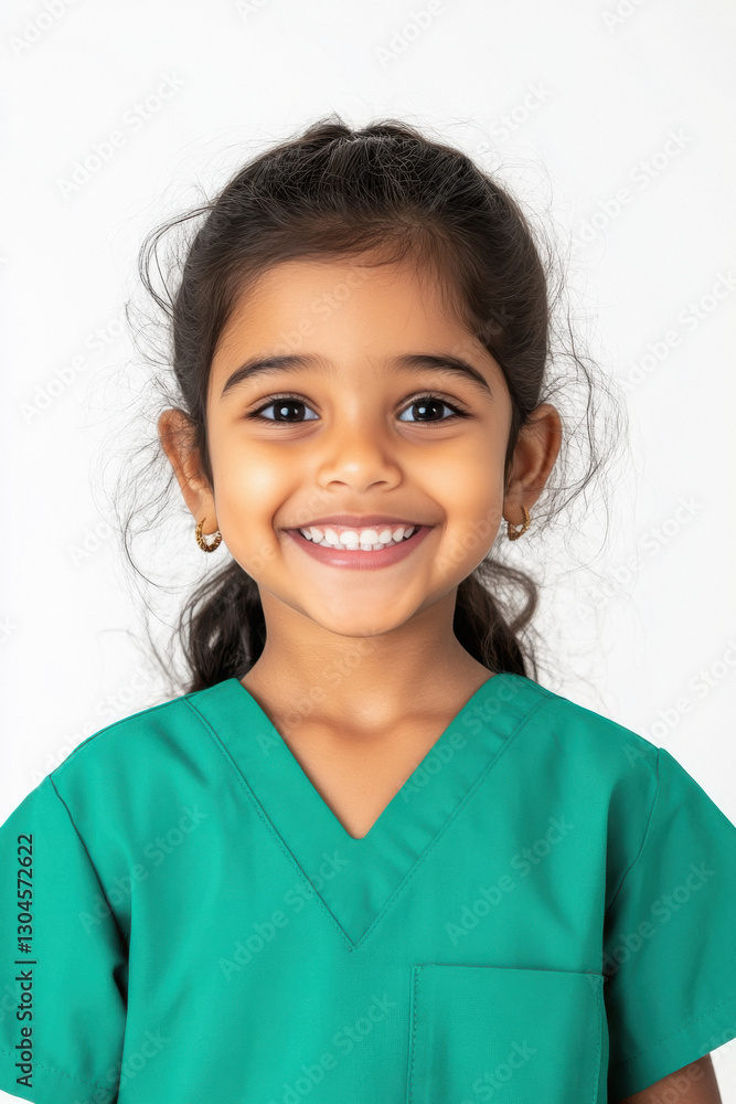 a happy indian girl child wearing green scrubs against a white background. a happy indian girl child wearing green scrubs against a white background.