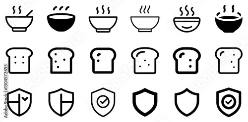 "Soup Bowl, Slice of Bread, and Shield Icon Set – Comfort, Food, and Protection Vector Symbols"