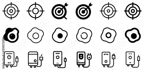 "Target, Fried Egg, and Electric Water Heater Icon Set – Focus, Food, and Comfort Vector Symbols"