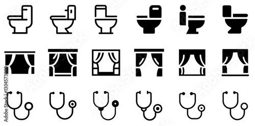 "Toilet, Stage Curtains, and Stethoscope Icon Set – Essential and Professional Vector Symbols"