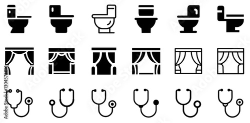 "Toilet, Stage Curtains, and Stethoscope Icon Set – Essential and Professional Vector Symbols"