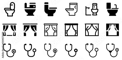 "Toilet, Stage Curtains, and Stethoscope Icon Set – Essential and Professional Vector Symbols"