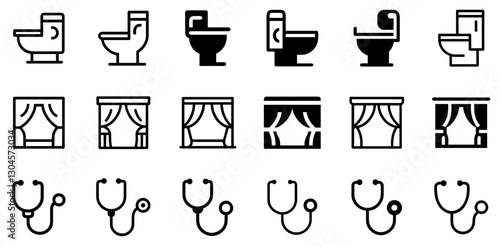 "Toilet, Stage Curtains, and Stethoscope Icon Set – Essential and Professional Vector Symbols"
