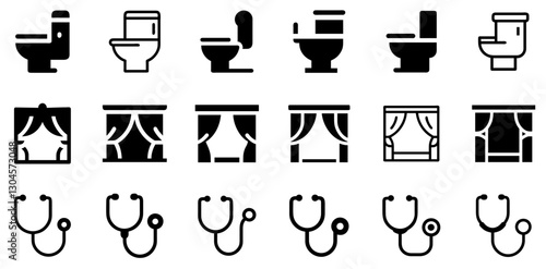 "Toilet, Stage Curtains, and Stethoscope Icon Set – Essential and Professional Vector Symbols"