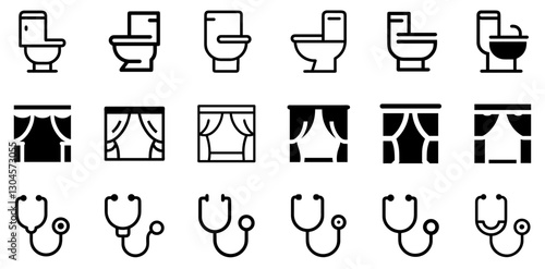 "Toilet, Stage Curtains, and Stethoscope Icon Set – Essential and Professional Vector Symbols"