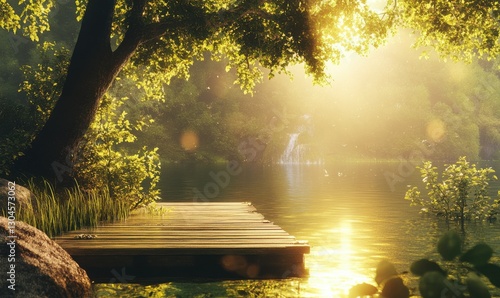 Serene lakeside scene glowing under golden sunlight, featuring a peaceful dock surrounded by lush greenery for a tranquil retreat