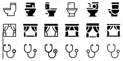 "Toilet, Stage Curtains, and Stethoscope Icon Set – Essential and Professional Vector Symbols"