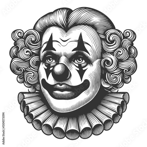 clown face with curly hair, exaggerated makeup, and a ruffled collar in retro engraving style sketch engraving generative ai vector illustration. Scratch board imitation. Black and white image.