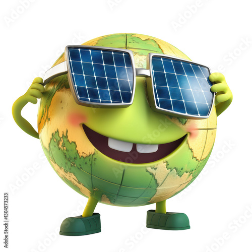 Cheerful cartoon globe wearing solar panel sunglasses