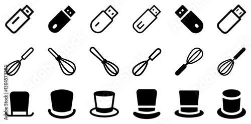 "USB Stick, Whisk, and Top Hat Icon Set – Tech, Kitchen, and Fashion Vector Symbols"