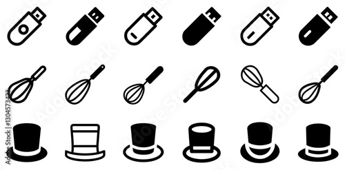 "USB Stick, Whisk, and Top Hat Icon Set – Tech, Kitchen, and Fashion Vector Symbols"