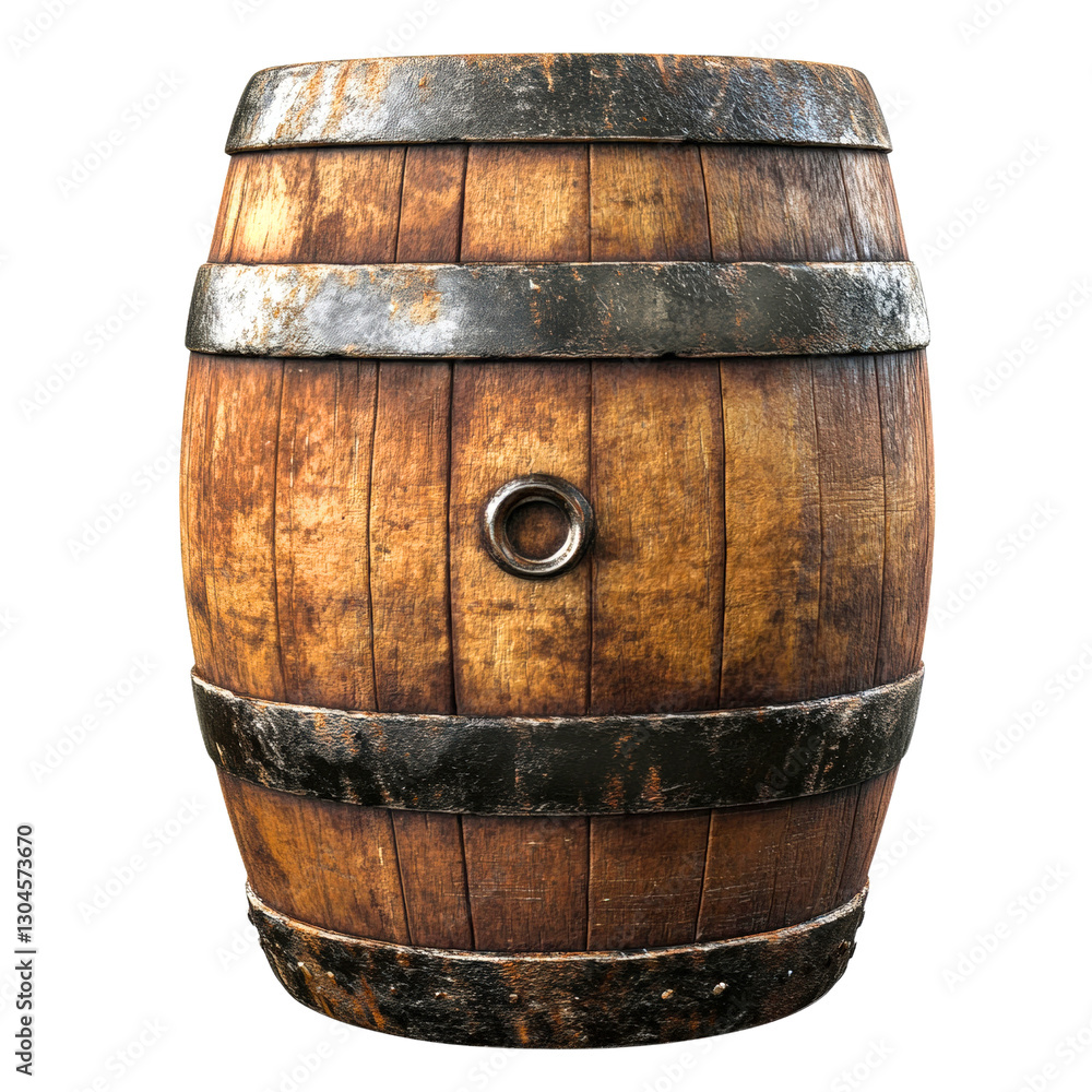 Obraz premium Weathered Timber: A rustic wooden barrel, meticulously detailed with metal hoops, evokes a sense of history and craftsmanship, ready to store vintage wines and other spirits.