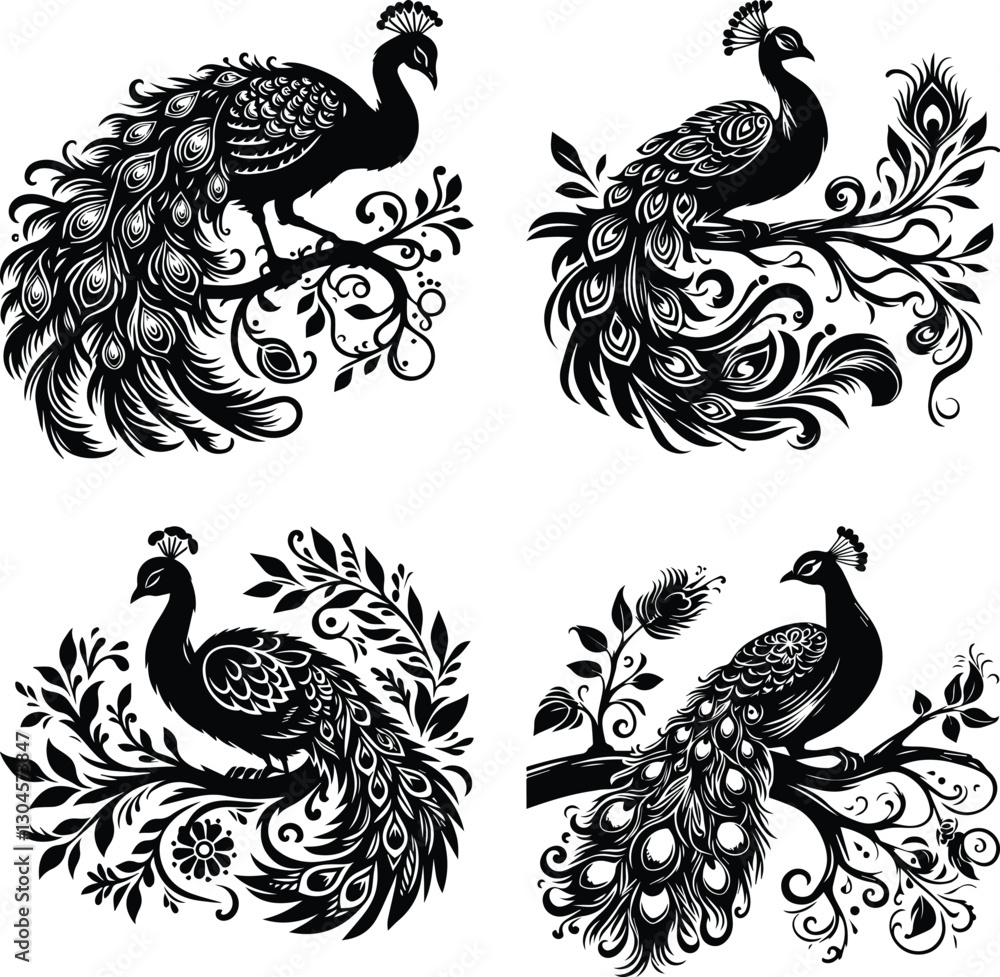 Fototapeta premium A set of four intricate black and white peacock illustrations with decorative floral elements, perfect for tattoo designs, prints, or ornaments. 