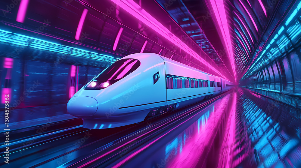 Futuristic High-Speed Train in Neon Lit Tunnel Futuristic High-Speed Train in Neon Lit Tunnel