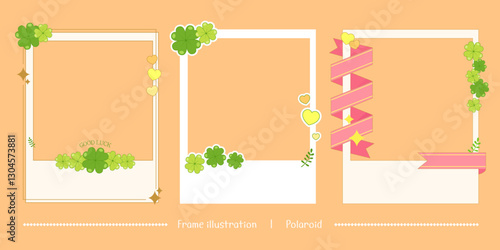 Photo decoration, frame illustration. Polaroid illustration set decorated with lucky four-leaf clover. Vector illustration.
