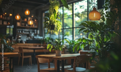 Modern coffee shop with vibrant green plants, sleek wooden furniture, and warm hanging lights creating a welcoming and trendy vibe