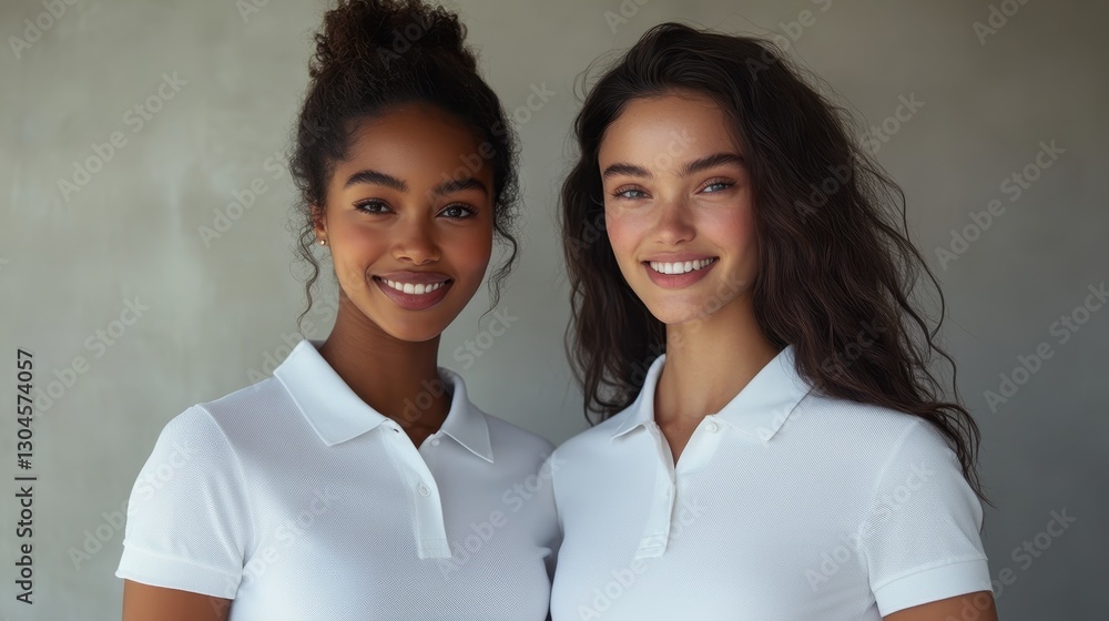 Two models, exuding confidence in their crisp white polo shirts, stand side-by-side against a clean, minimalist gray backdrop, their smiles radiating warmth and inviting the viewer to join their Two models, exuding confidence in their crisp white polo shirts, stand side-by-side against a clean, minimalist gray backdrop, their smiles radiating warmth and inviting the viewer to join their