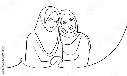 Young 2 muslim womans in burqa, continuous line art drawing. Oriental girl in traditional clothes. Vector illustration isolated on white background 
