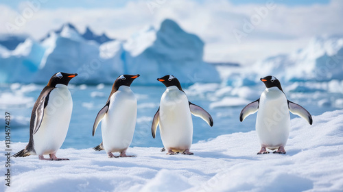 A group of penguins waddling across a snowy Antarctic landscape