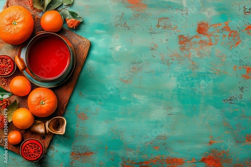 Chinese New Year 2025 is symbolized by a festive composition consisting of tangerines, cherry blossoms, red envelopes, and paper fans against a bold red background