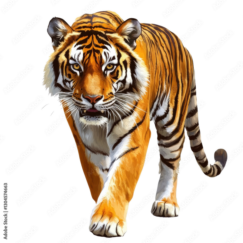 Fototapeta premium Majestic Tiger's Stroll: A fierce tiger with vibrant orange and black stripes strides confidently forward, its intense gaze capturing attention.