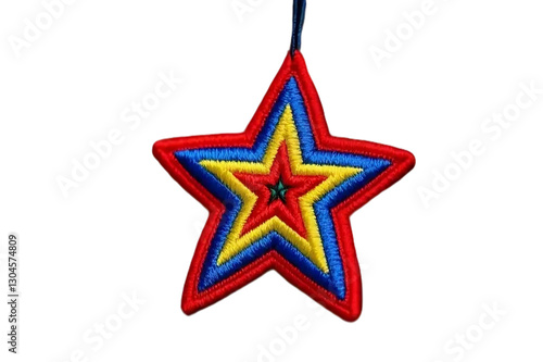 Shiny red star on a white background representing a festive holiday decoration and symbol photo