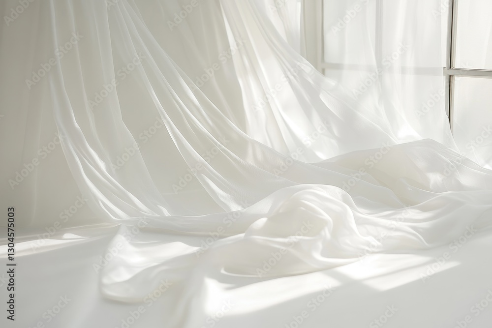 Fototapeta premium Sheer white fabric draped near window, sunlight.