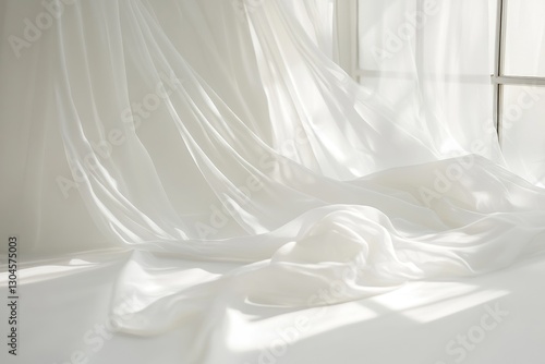 Sheer white fabric draped near window, sunlight.