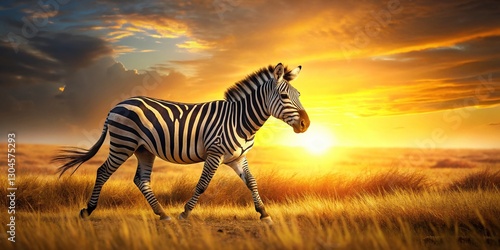 Graceful Zebra Strolling Savannah Sunset, African Wildlife Photography