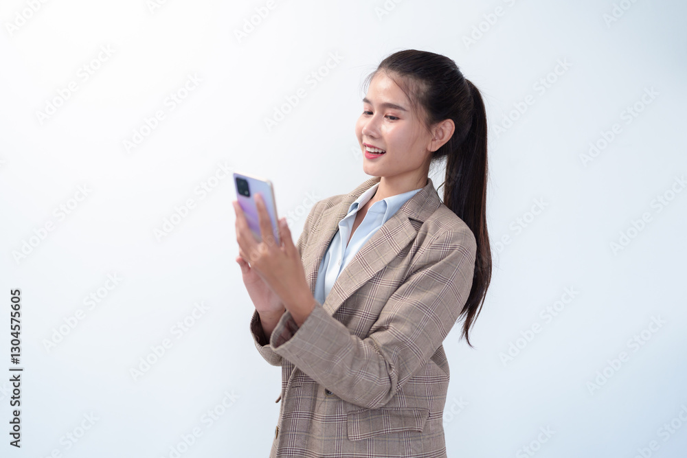 Happy Beautiful asian young Business woman holding smartphone on white background technology and employment. Happy Beautiful asian young Business woman holding smartphone on white background technology and employment.