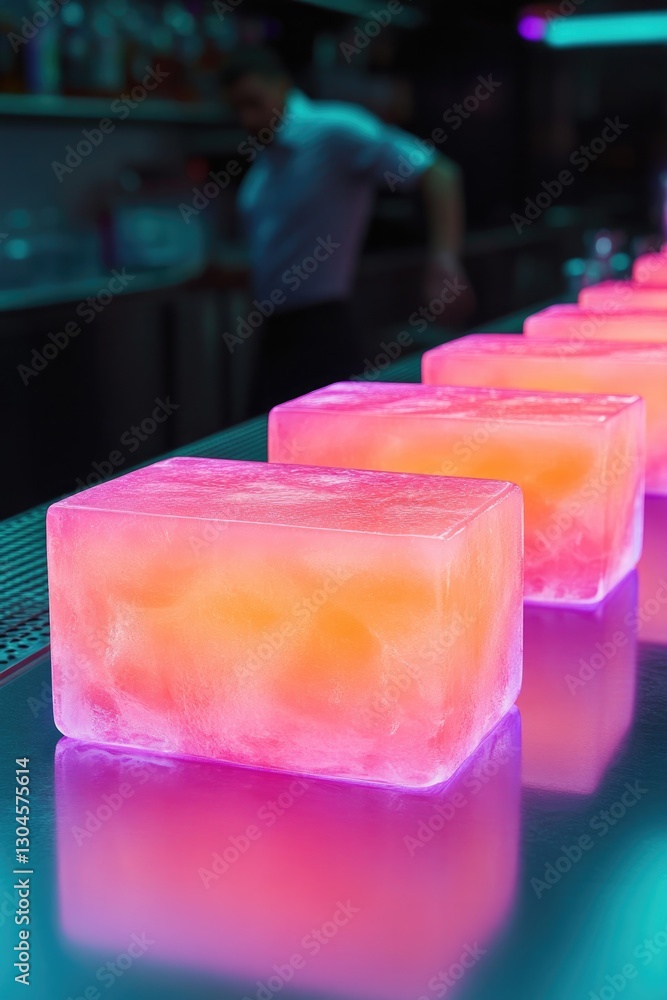Colorful illuminated ice cubes create vibrant atmosphere in bar Colorful illuminated ice cubes create vibrant atmosphere in bar