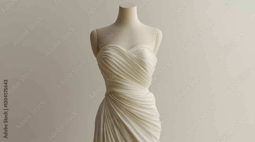 A sleek white strapless dress, draped majestically on a mannequin, stands poised against a clean, minimalist white backdrop, ready for its close-up in an online fashion presentation. A sleek white strapless dress, draped majestically on a mannequin, stands poised against a clean, minimalist white backdrop, ready for its close-up in an online fashion presentation.