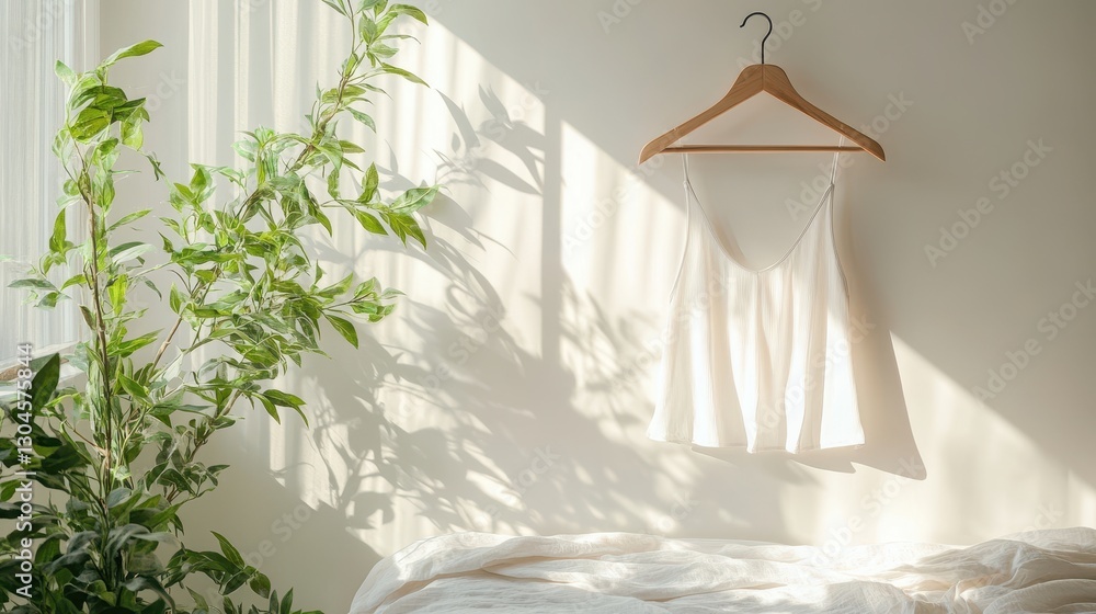 A pristine white camisole, draped elegantly on a rustic wooden hanger, against a backdrop of soft light, is the centerpiece of a minimalist fashion mockup, with a touch of greenery adding life to the