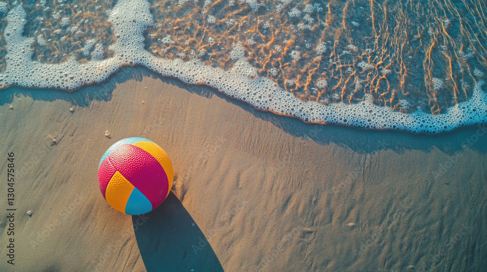 Obraz premium A colorful volleyball resting on sandy beach court