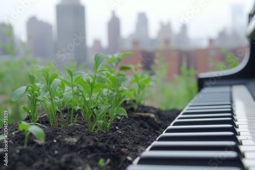 Piano keys and sprouting plants on rooftop, city background. photo