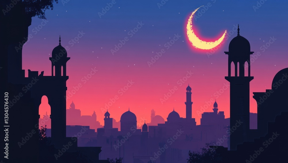 Fototapeta premium Silhouette of a city at sunset with crescent moon.