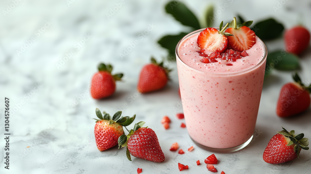 Refreshing Strawberry Smoothie In Tall Glass Garnished With Fresh Berries Placed On White Textured Surface Refreshing Strawberry Smoothie In Tall Glass Garnished With Fresh Berries Placed On White Textured Surface