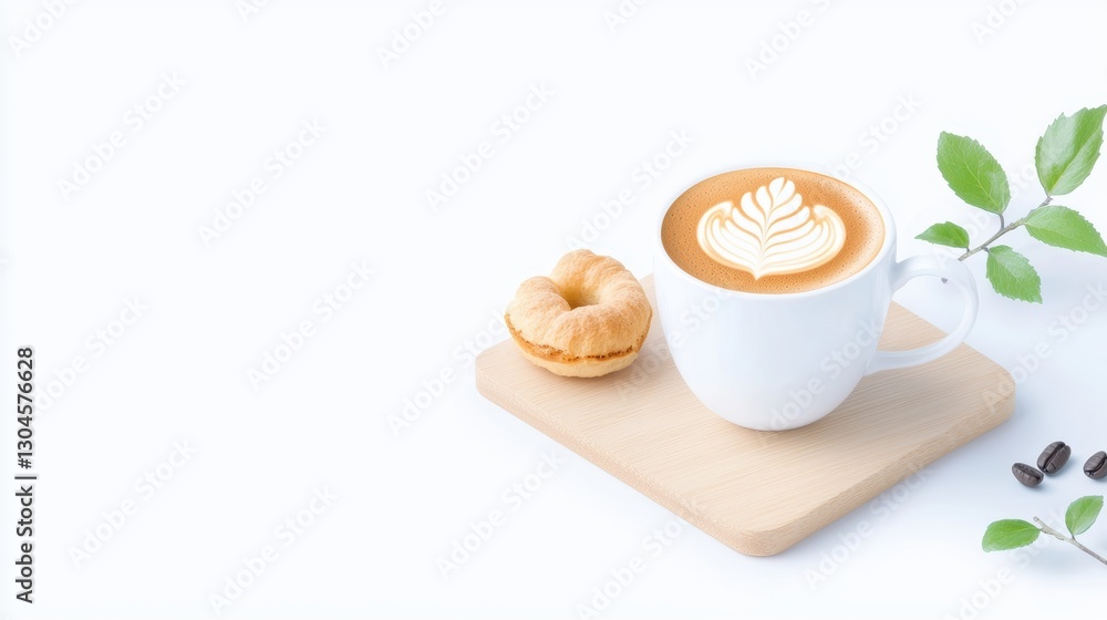A stylish cup of coffee with latte art sits beside a buttery pastry on a wooden board, surrounded by coffee beans and fresh leaves. A stylish cup of coffee with latte art sits beside a buttery pastry on a wooden board, surrounded by coffee beans and fresh leaves.