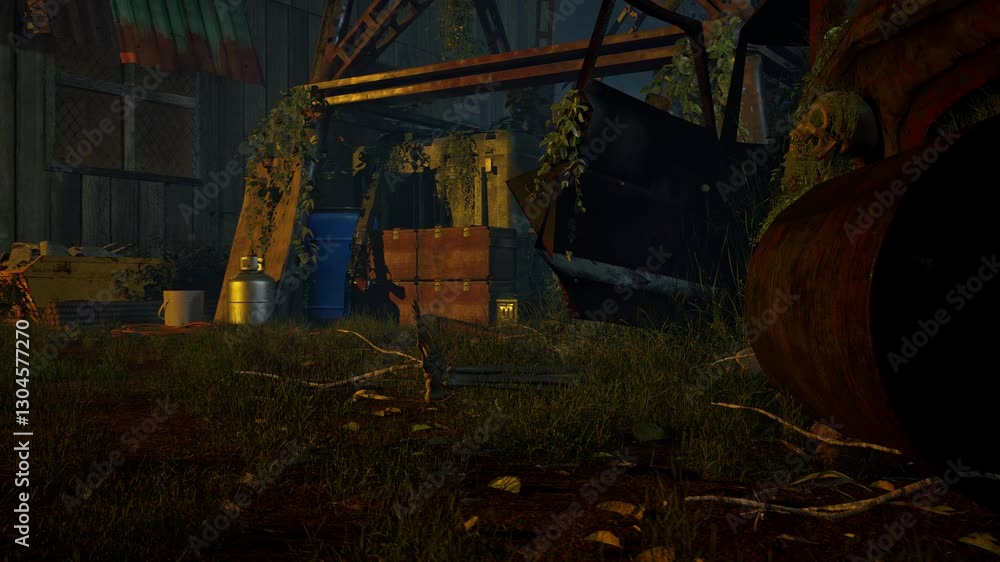 An abandoned post-apocalyptic camp at night, with a skeleton leaning against rusted machinery and broken vehicles, wooden crates, and supply containers seen in the background An abandoned post-apocalyptic camp at night, with a skeleton leaning against rusted machinery and broken vehicles, wooden crates, and supply containers seen in the background