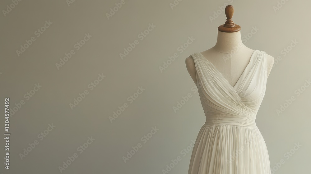 A minimalist white dress, draped gracefully on a sleek, wooden mannequin against a neutral backdrop, exudes modern fashion design and elegance. A minimalist white dress, draped gracefully on a sleek, wooden mannequin against a neutral backdrop, exudes modern fashion design and elegance.
