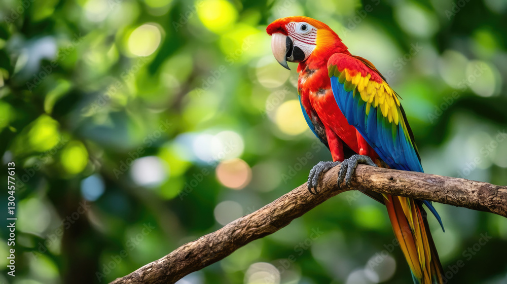 A colorful parrot perched on a branch deep in the rainforest A colorful parrot perched on a branch deep in the rainforest