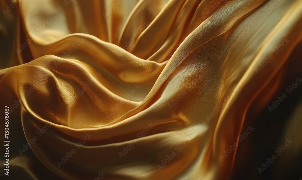 Fototapeta premium Luxurious flowing gold satin fabric with soft ripples illuminated by diffused light emphasizing its smooth and elegant texture