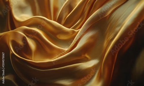Luxurious flowing gold satin fabric with soft ripples illuminated by diffused light emphasizing its smooth and elegant texture