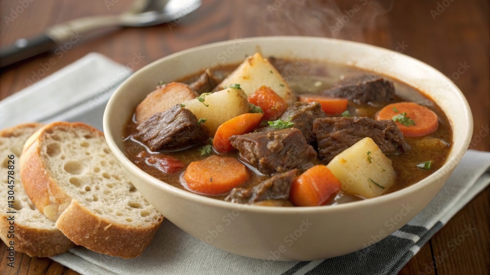 Savoring hearty beef and guinness stew in a cozy kitchen with crusty bread - a comfort food delight Savoring hearty beef and guinness stew in a cozy kitchen with crusty bread - a comfort food delight