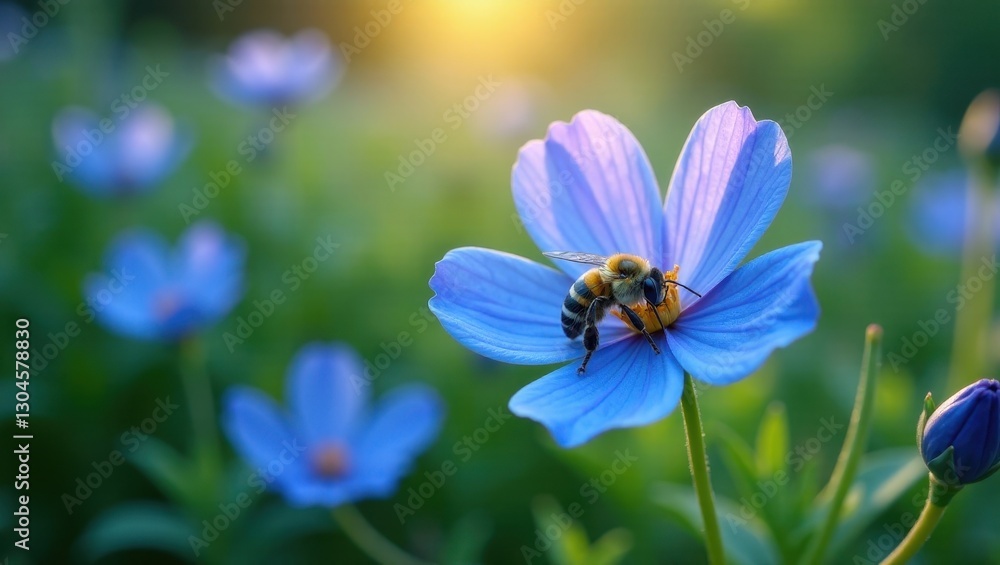 A honeybee delicately gathers nectar from a vibrant blue flower in a sunlit meadow, surrounded by a field of softly blurred blossoms A honeybee delicately gathers nectar from a vibrant blue flower in a sunlit meadow, surrounded by a field of softly blurred blossoms