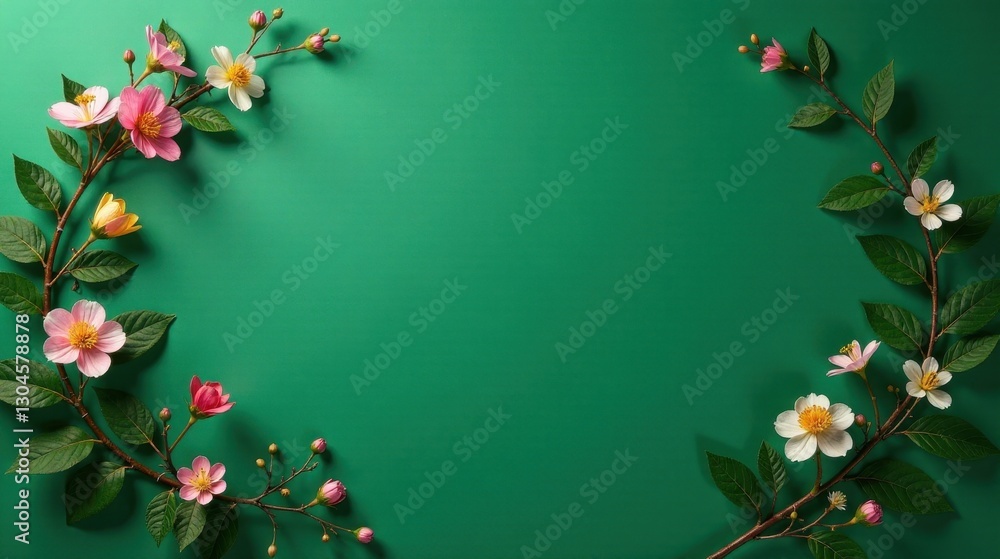 Fototapeta premium Elegant Floral Frame on Emerald Green Background Perfect for Springtime Announcements or Invitations