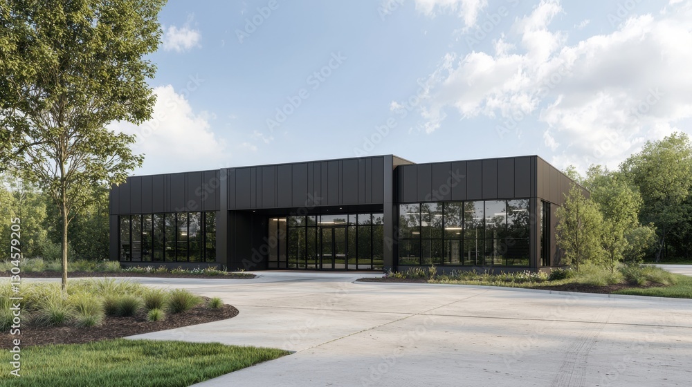 Obraz premium Modern Industrial Building in Open Area Surrounded by Lush Greenery and Clear Blue Sky